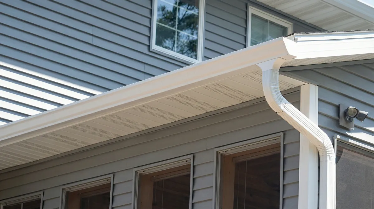 Professional home remodeling project showing newly installed white seamless gutters and downspouts on a house with gray siding in San Diego, CA