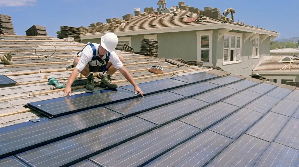 Roof replacement expert installing modern solar shingles on a residential home in San Diego, CA