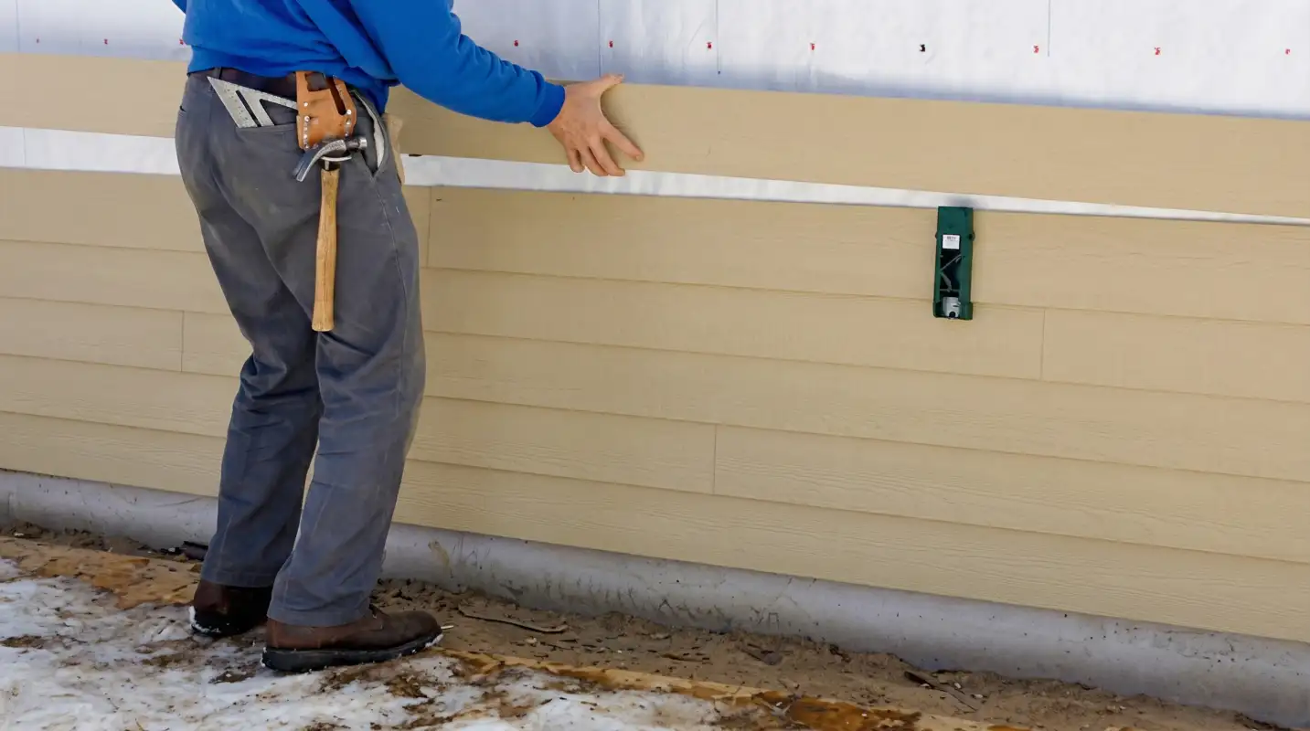 Siding replacement expert carefully aligning a new tan siding panel onto a residential exterior wall in San Diego, CA