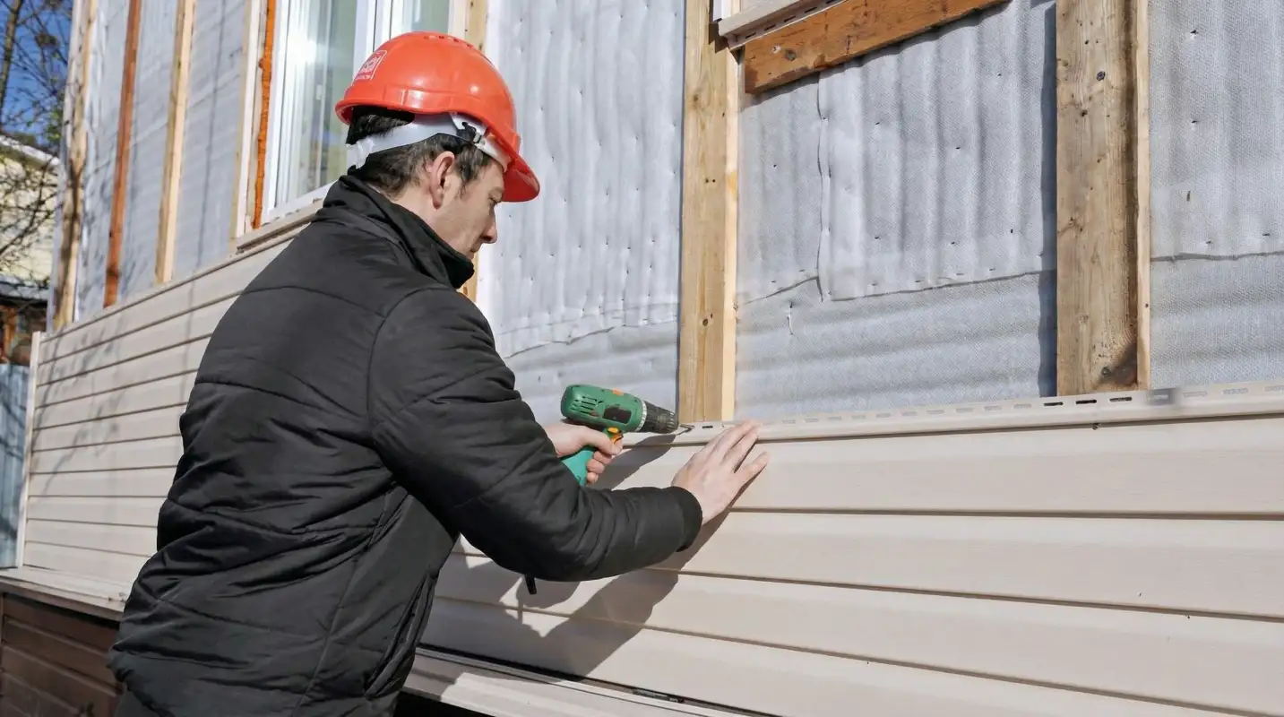 Siding replacement professional using a power drill to install new tan vinyl siding on a home exterior in San Diego, CA