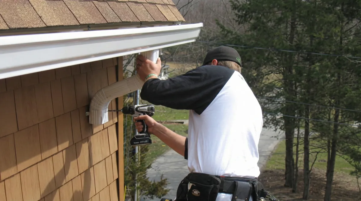 Professional contractor installing tan vinyl siding panels on a residential home exterior in San Diego, CA
