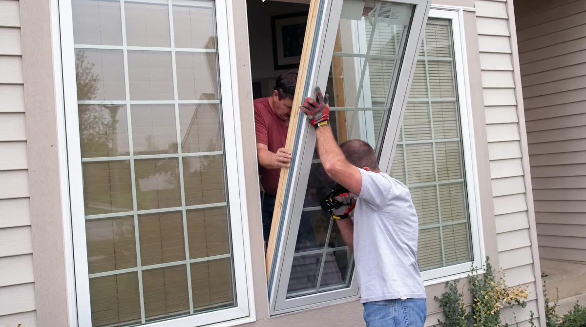 Professional home remodeling team installing a large replacement window on a house with tan siding in San Diego, CA
